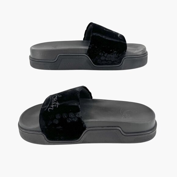 Christian Louboutin 'Navy Pool' Slide Sandals Size 37 US 7 Black Velvet Logo 33 - Picture 10 of 12